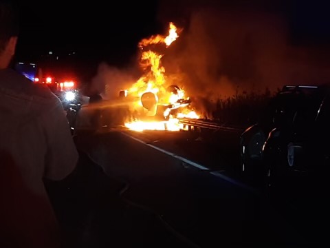 Waterville Crash with vehicles in flames.