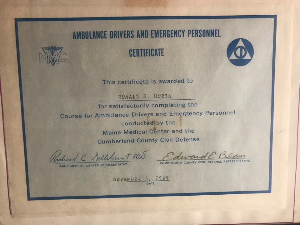 Ron Morin Certificate from Maine Medical Center