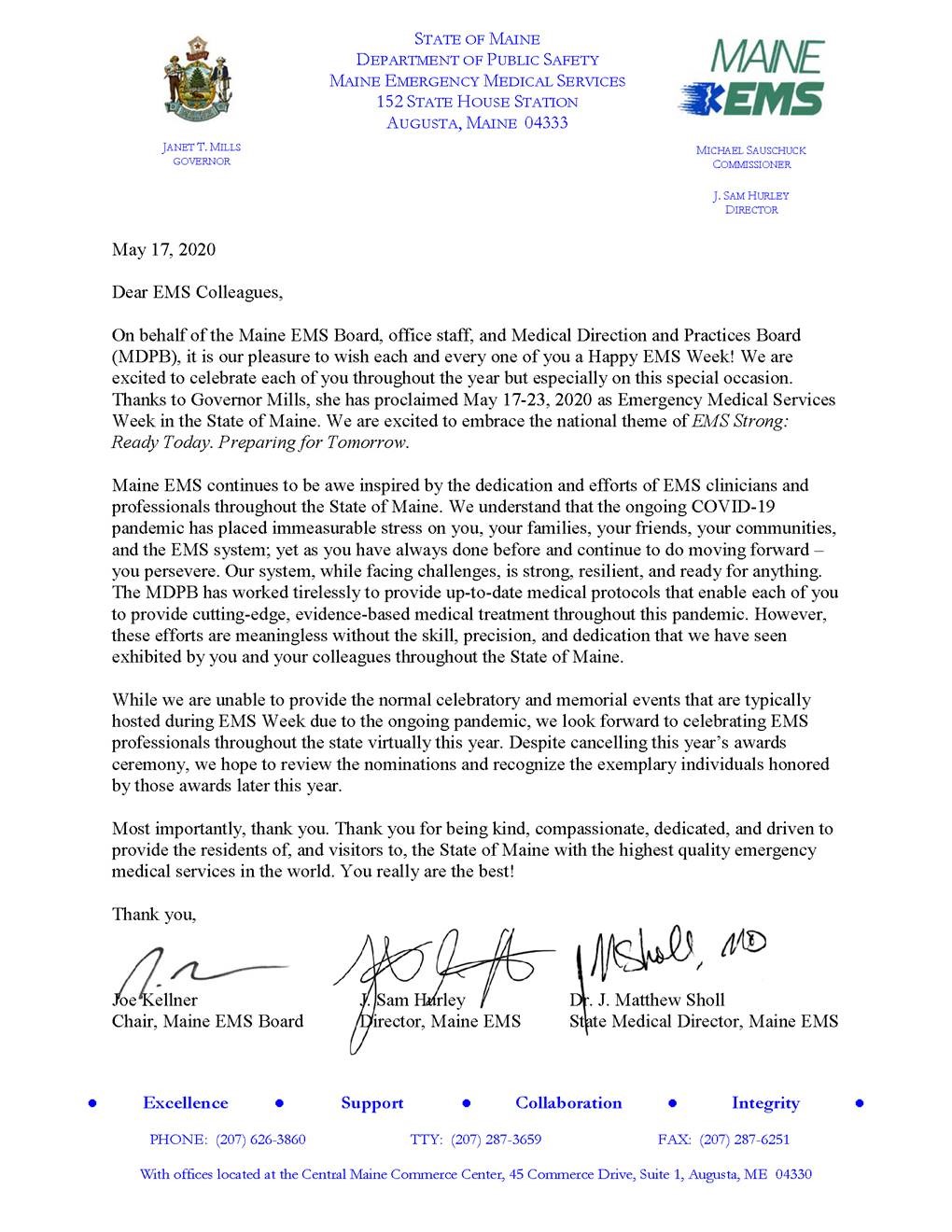Letter from Maine EMS Board, Medical Director and Director of Maine EMS