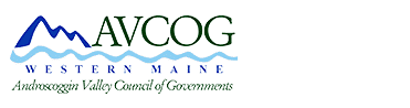 Androscoggin Valley Council of Governments logo, text reads AVCOG western Maine, next to three mountain peak outlines in dark blue and a light blue wavy line