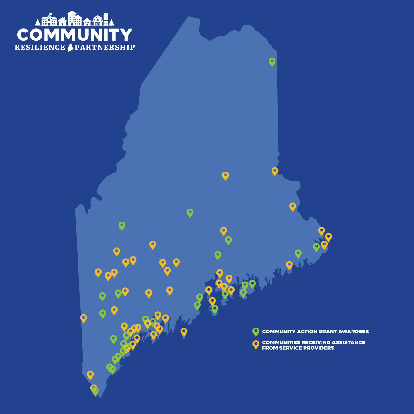 Dark blue background with light blue map of Maine, text "Community Resilience Partnership" in upper left, and orange and green pins showing community grant awardees and communities to be assisted by service providers