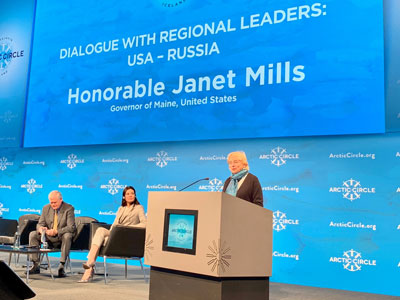 Governor Janet Mills speaking before the Arctic Circle Assembly