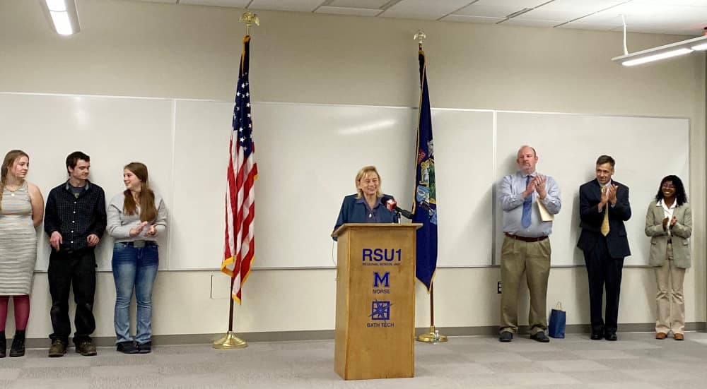 Governor Mills speaking at Morse High School in Bath