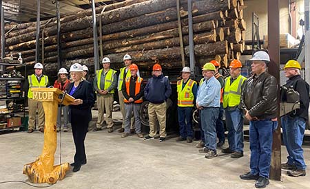 Governor Mills announces the Forestry Recovery Initiative at Randall Madden Trucking in Milford.