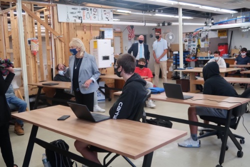 Governor Mills speaks to students in the plumbing program at the Biddeford Regional Center for Technology