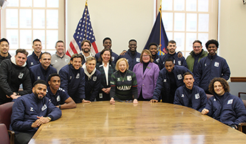 Gov. Mills Rep. Kuhn and Sen. Pierce with Hearts of Pine