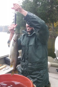 A biologist measures the weight of a landlocked salmon caught in a trap net.