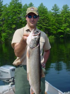 Biologist Jim Pellerin shows a lake trout caught while studying a southern Maine pond.