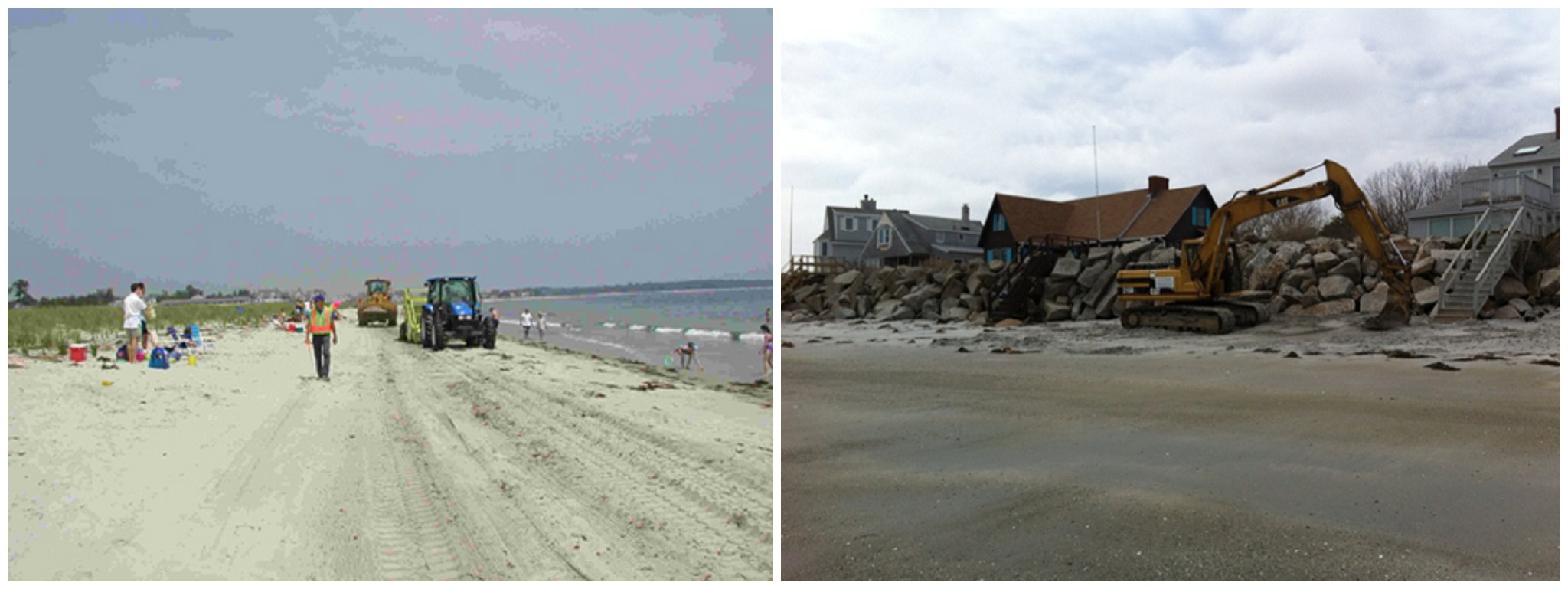 Essential Habitat designation allows MDIFW biologists to provide input on beach activities that may be detrimental to piping plovers and least terns like beach cleaning (left) and seawall repair (right).