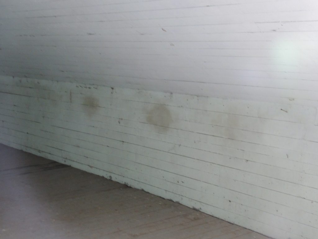 The upstairs of the old boarding house used to hold dozens of bunks for woodsman working nearby. You can still see the discoloration made by their heads on the walls.