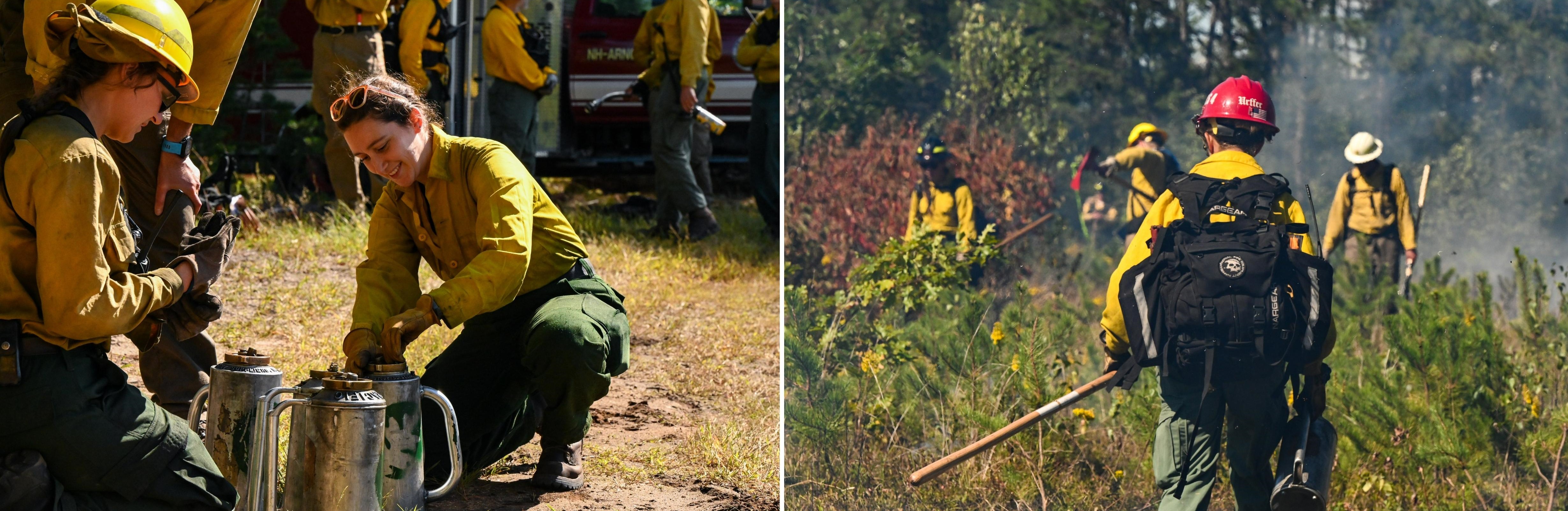 Fire crew preparing drip torches and starting a test burn