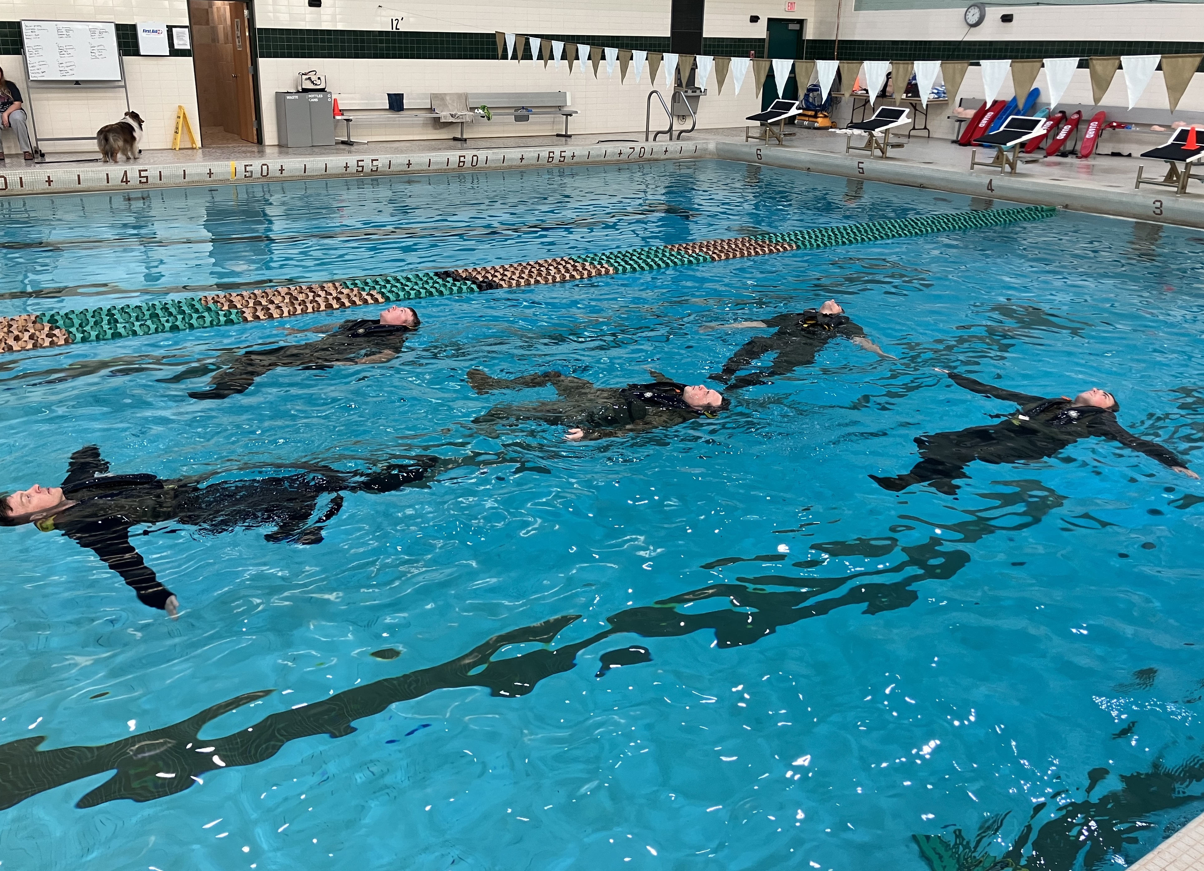 wardens in full uniform in a pool floating as part of water survival training