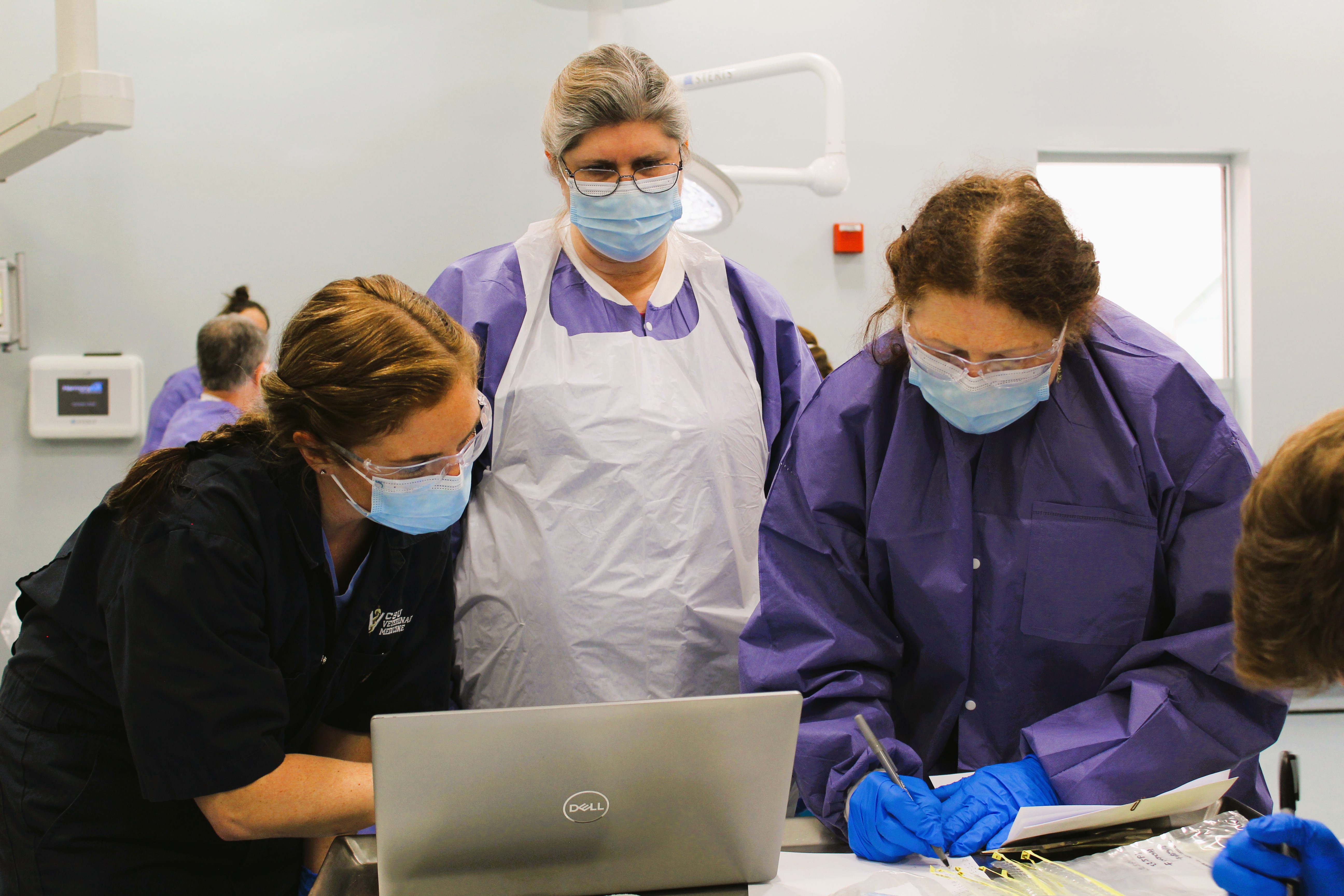 Three scientists in lab coatsm, masks, and gloves looking at a computer screen and recording information.