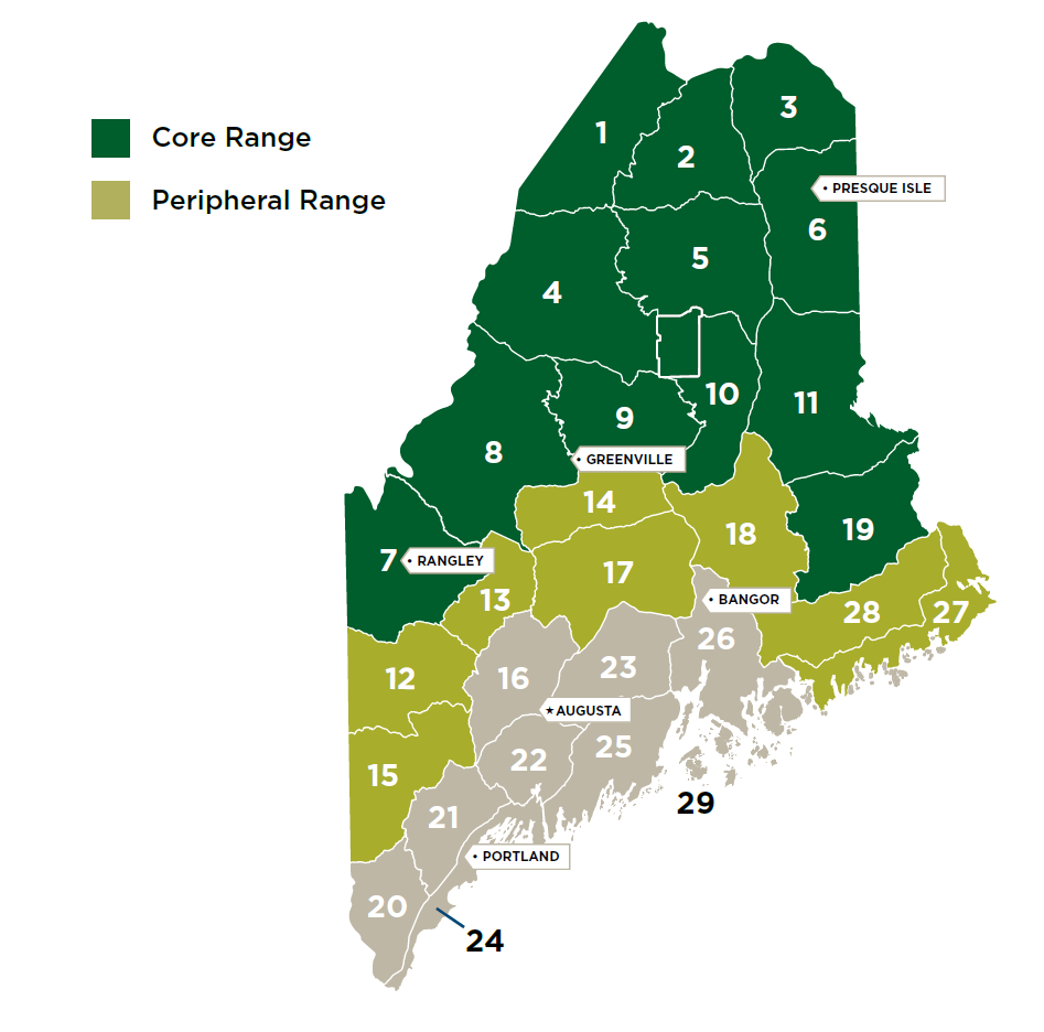 Moose range map showing WMDs 1-11 and 19 as the Core Range (dark green) and WMDs 12-15, 17, 18, 27, and 28 as Peripheral Range (lime green)