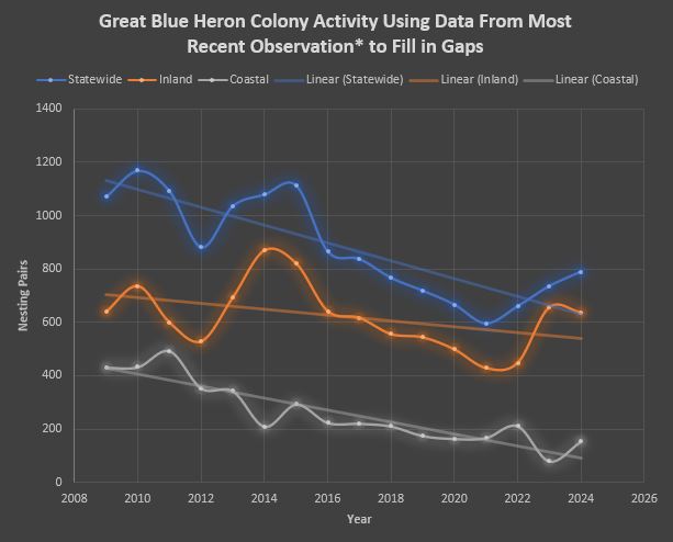 Graph showing trend of nesting great blue herons in Maine, 2009-2024. For colonies not monitored in a given year, the most recent observation was used. Statewide numbers (shown in blue) are a combination of Inland (orange) and Coastal (white). 