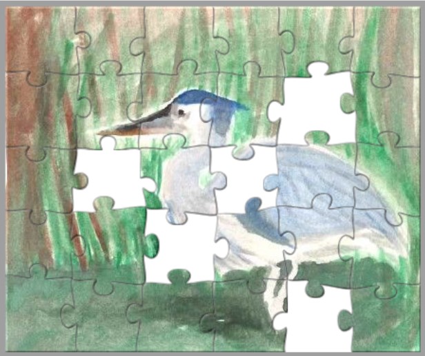 Incomplete puzzle of a Great Blue Heron watercolor by EMD.