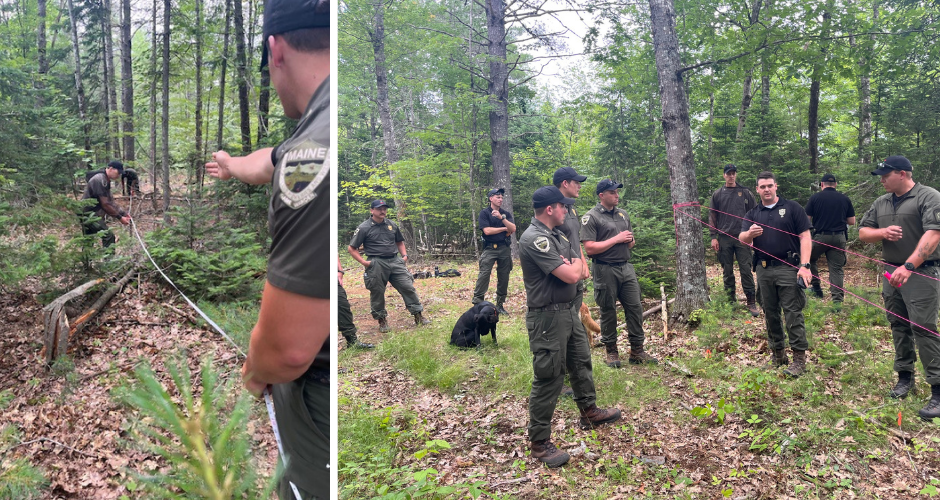 two photos, one of a game warden placing a brightly covered string to show a shooting direction tree to tree and the other a group of wardens standing in woods listening to instruction and looking at mock scene