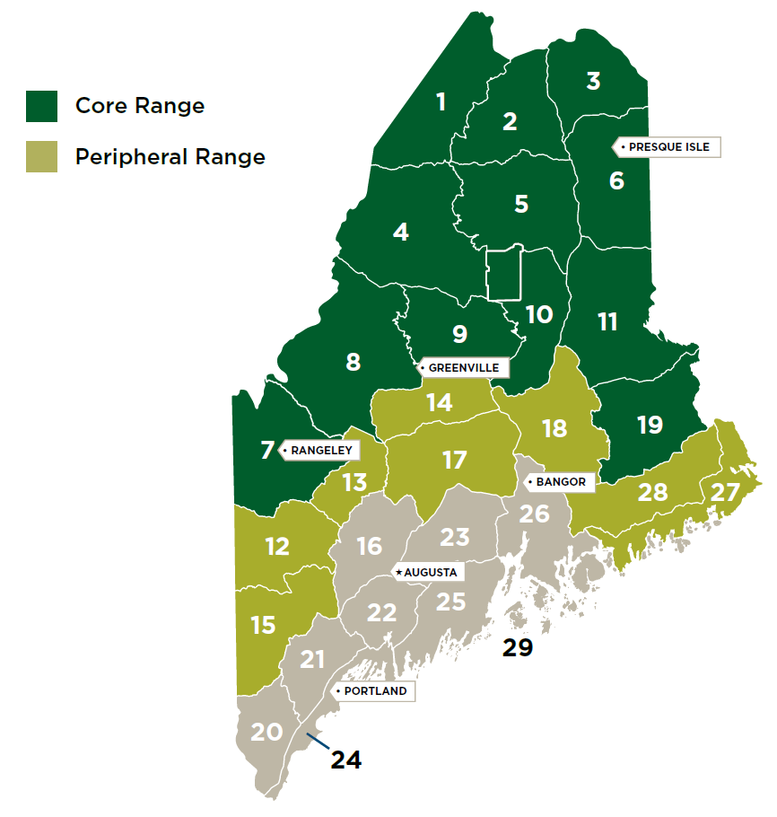 Map of the core moose range in Maine. Wildlife Management Districts 1-11 and 19 are the core range (dark green), WMDs 12-15, 17, 18, 27-28 are peripheral range (lime green). Northern and western Maine make up the core range.