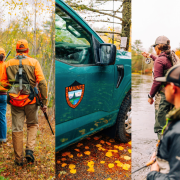 Three images side by side of hunters, an MDIFW truck, and two people fly fishing.