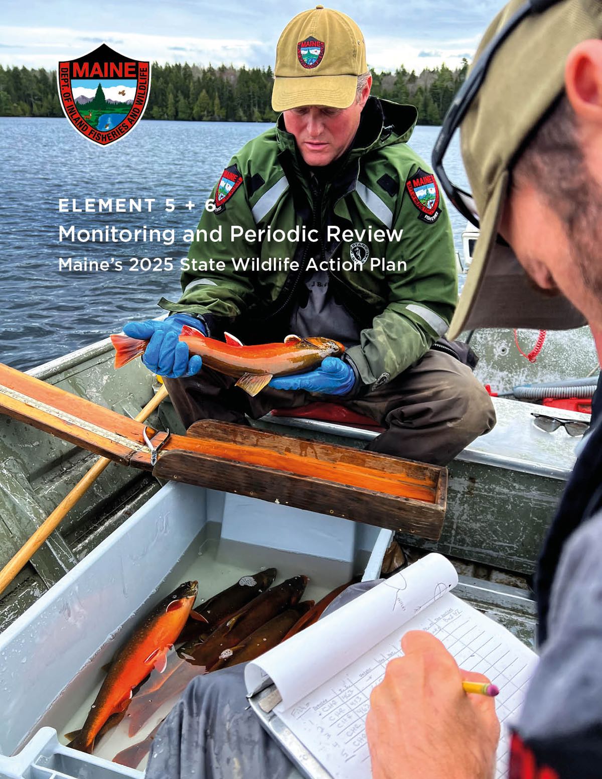 Two fisheries biologists with MDIFW logos sampling bright orange Arctic charr in a small boat, one biologist is holding the fish while the other records data on a clipboard: Element 5+6: Monitoring and Periodic Review, Maine's 2025 State Wildlife Action Plan