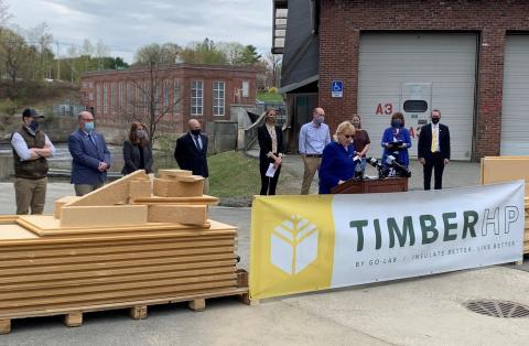 Governor Janet Mills introduces the Maine Jobs &amp; Recovery Plan on May 4, 2021, at the the TimberHP mill in Madison, Maine.