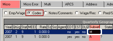 Micro codes screen displaying marked subset record