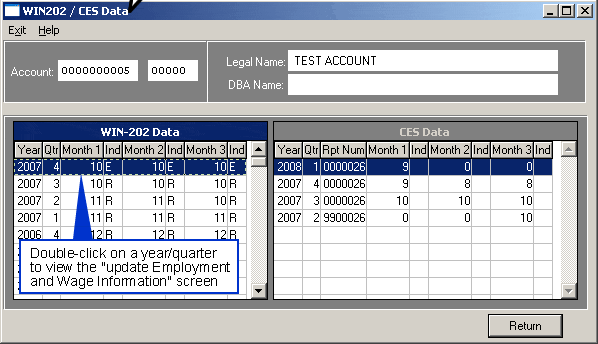 WIN 202 CES Data Screen