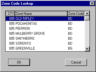 Zone Code Lookup Screen