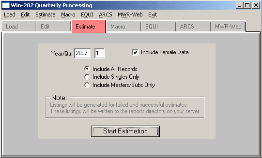 Quarterly Processing Estimate Screen