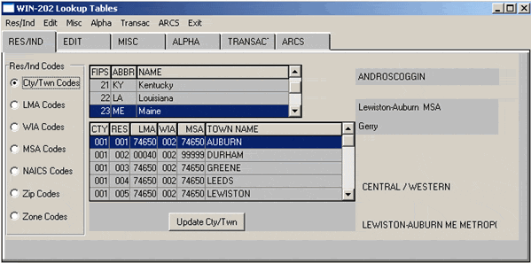 WIN202 Lookup Tables Screen