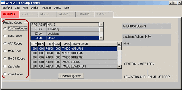 Residence and Industry Codes Lookup Screen