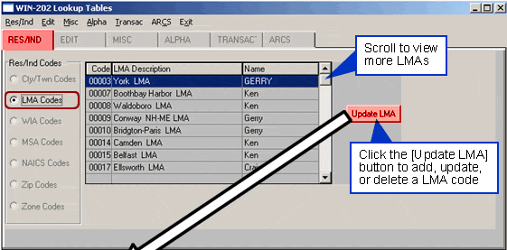 WIN 202 Lookup Tables LMA Codes Screen