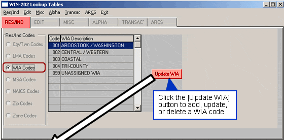 WIN 202 Lookup Tables WIA Codes Screen