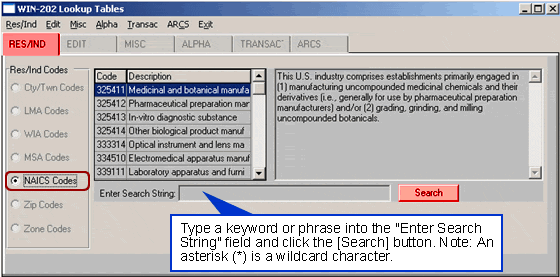 WIN 202 Lookup Tables NAICS Codes Screen