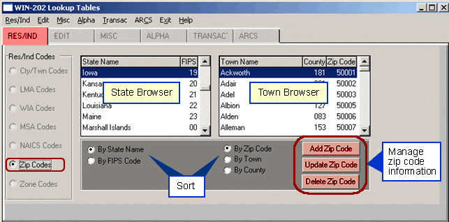 WIN 202 Lookup Tables Zip Codes Screen