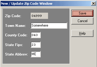 WIN 202 Lookup Tables Zip Codes Screen