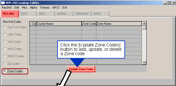 WIN 202 Lookup Tables Zone Codes Screen