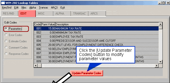 Edit Parameters Lookup Screen