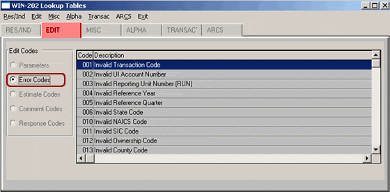 Edit Error Codes Lookup Screen