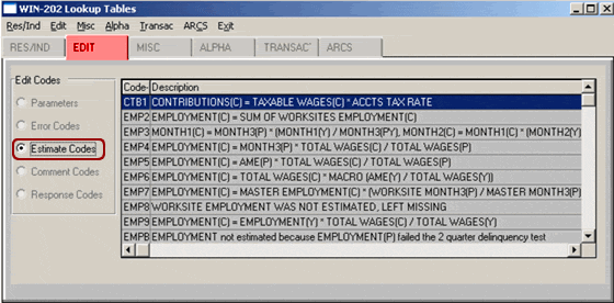 Edit Estimate Codes Lookup Screen