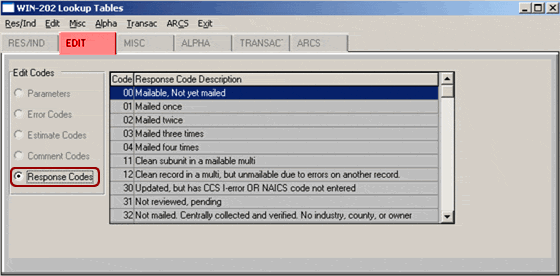 Edit Response Codes Lookup Screen