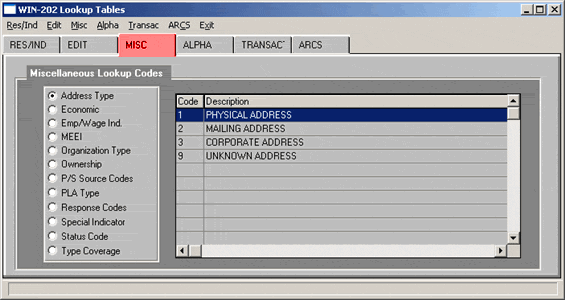 Miscellaneous Lookup Tables Screen