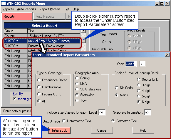 Enter Customized Report Parameters Screen