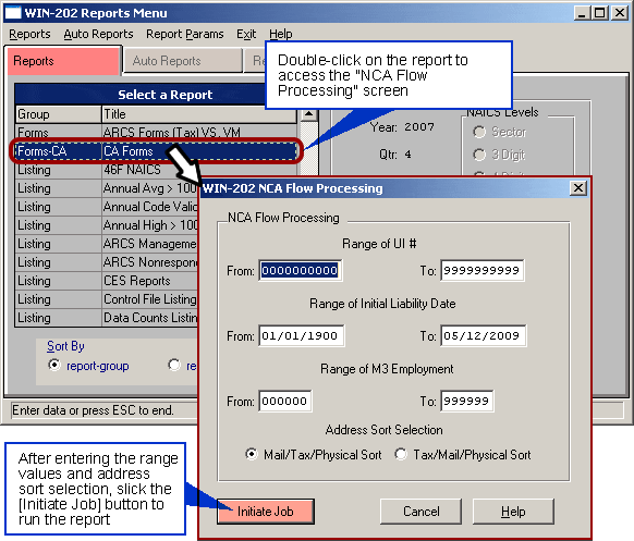 WIN202 Reports Menu Screen and NCA Flow Processing Screen