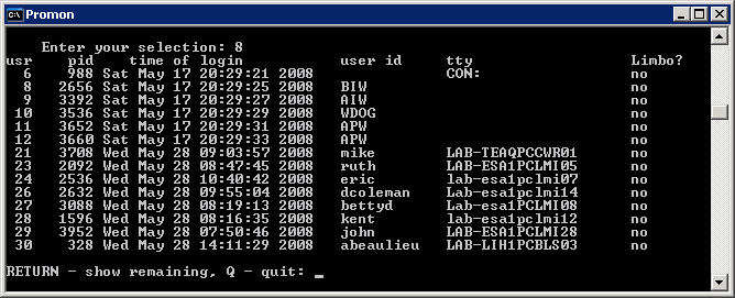 Promon Option 8: Shut Down Database Screen