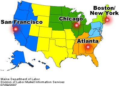Map of the United States with Highlighted Bureau of Labor Statistics Regions