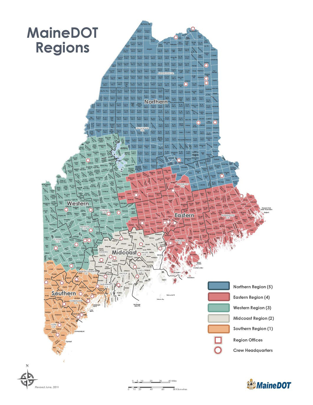 map of state of Maine broken into regions 1-5
