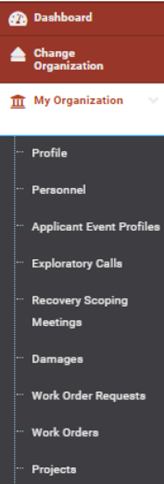 Screenshot of left hand column navigation menu for Grants Portal. Shows "My Organization" tab and subheadings