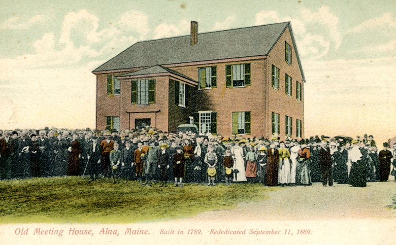 Photo of 1889 Postcard depicting Old Meeting House in Alna Maine with crowd