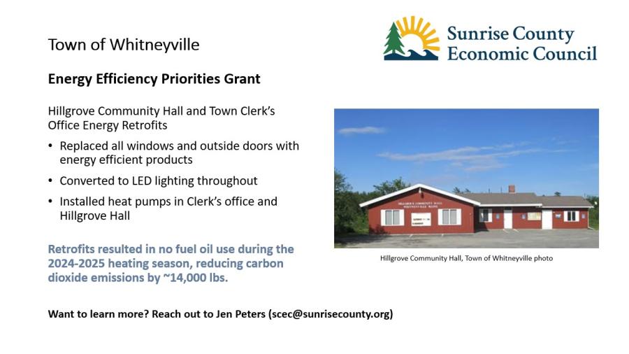 A slide detailing the Town of Whitneyville​'s Hillgrove Community Hall and Town Clerk’s Office Energy Retrofits​